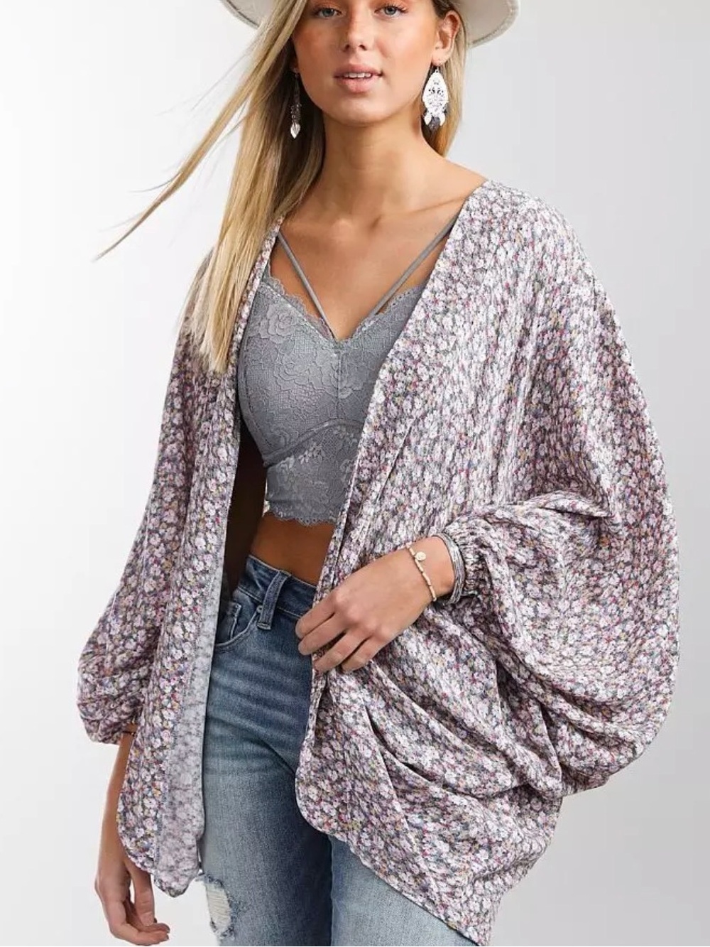 Daytrip Floral Lavender Gray Open-Front Knit Shrug